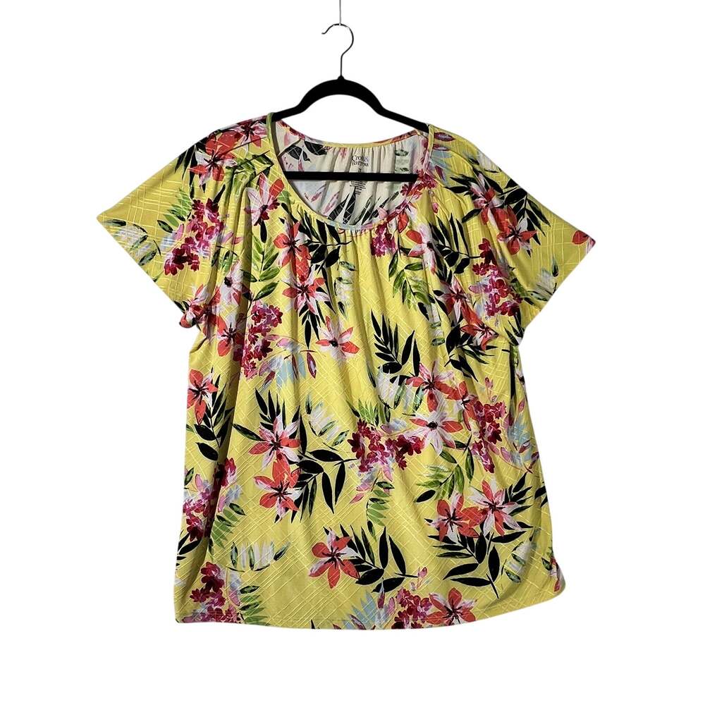 CROFT & BARROW 2X Yellow Floral Tropical Stretch Short Sleeve Blouse Cottagecore